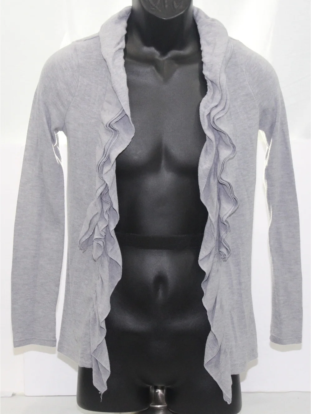 Moa Moa Girl Open Front Waterfall Sweater Shirt Cardigan Ruffles Neck Large Gray